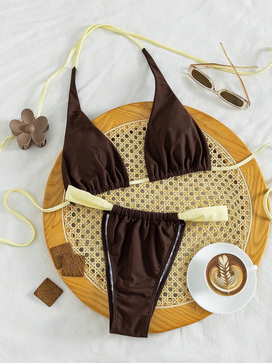 SHEIN BRĄZOWY DWUCZĘŚCIOWY STRÓJ KĄPIELOWY S09__S