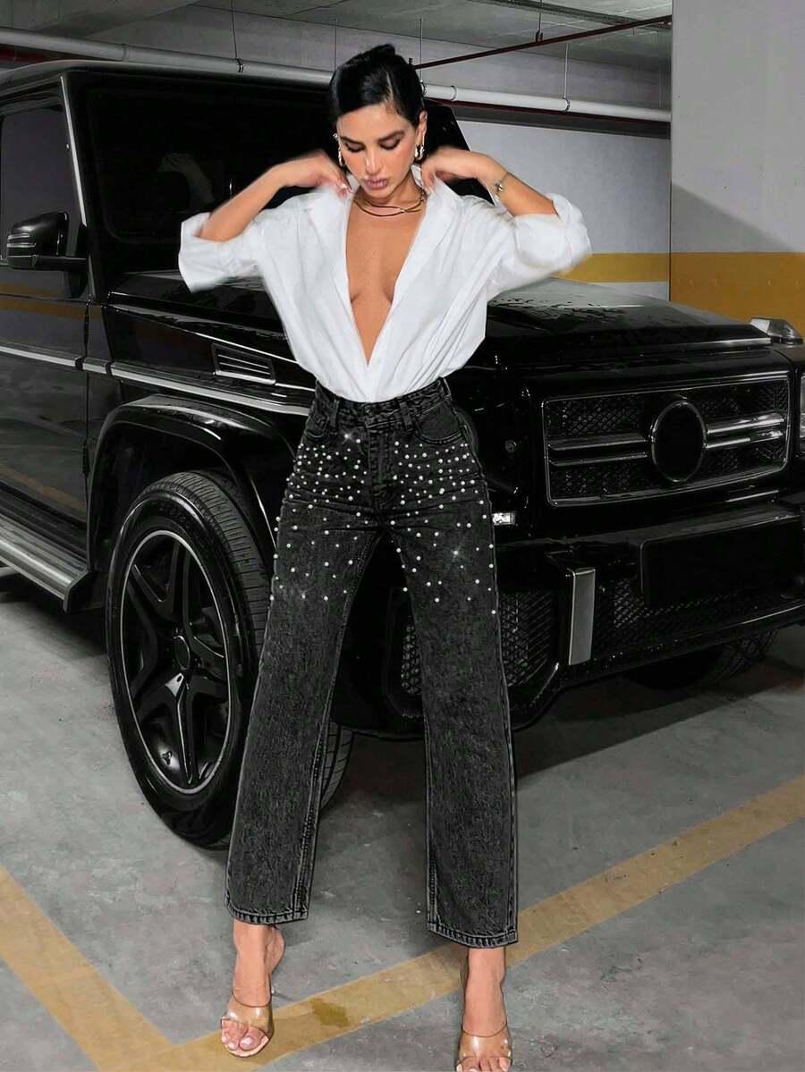 SHEIN CZARNE SPODNIE JEANS PEREŁKI ZDOBIENIE S06__48