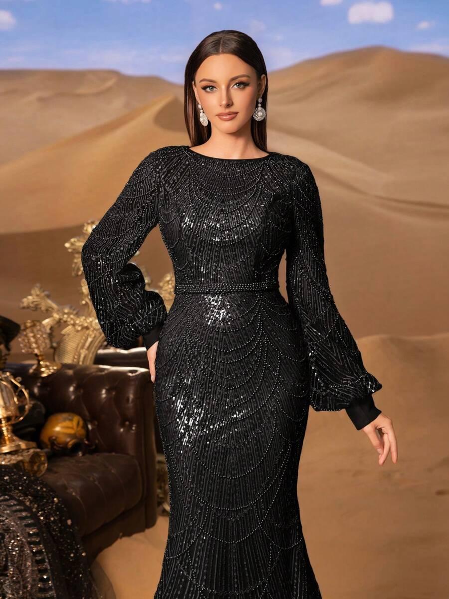 FAERIESTY CZARNA SUKIENKA MAXI CEKINY POŁYSK S09__XL