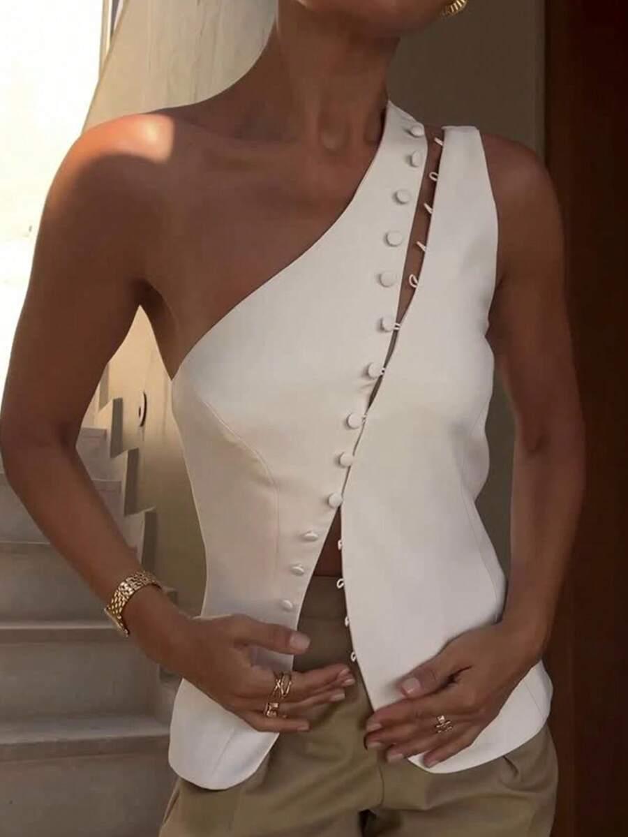 SHEIN BIAŁY ASYMETRYCZNY TOP GUZIKI S06__L