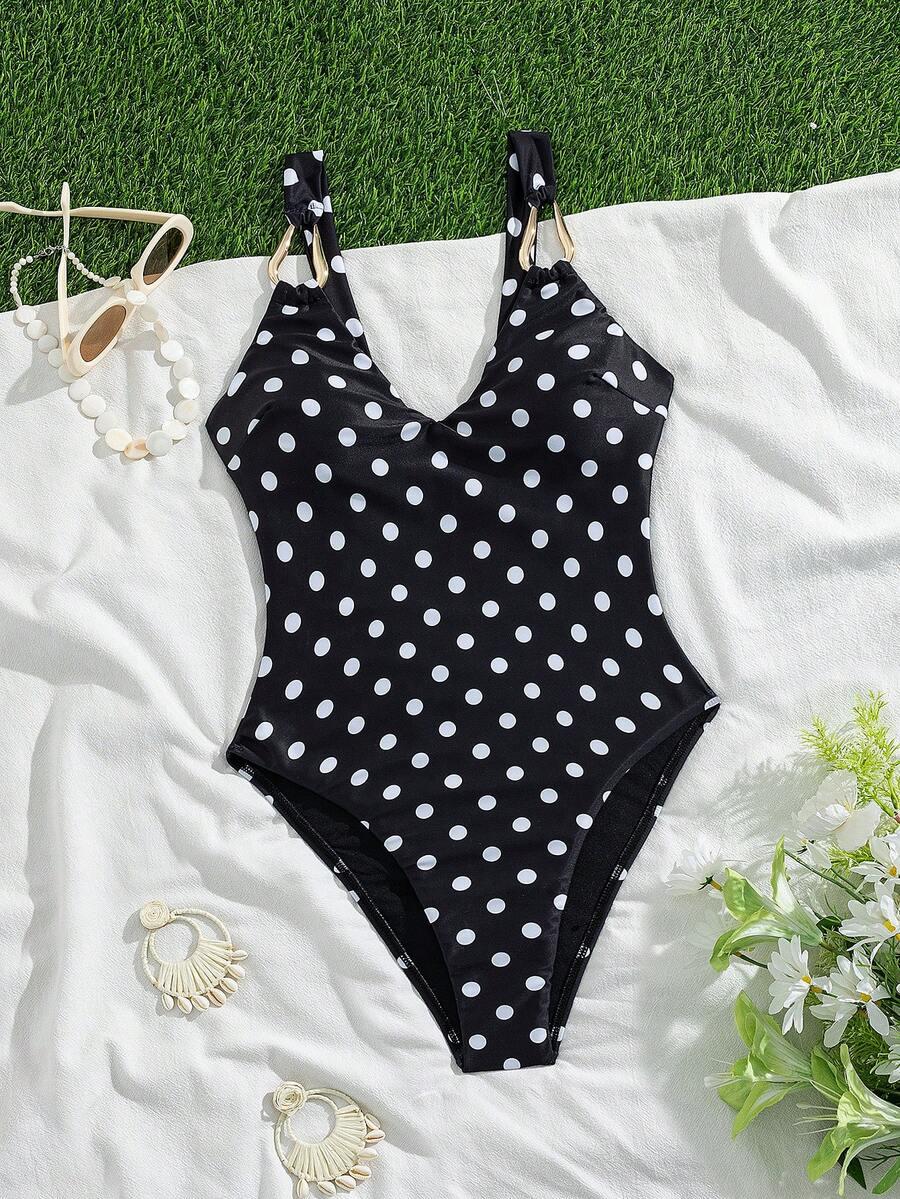 SHEIN CZARNY JEDNOCZĘŚCIOWY STRÓJ KĄPIELOWY GROSZKI S09__L