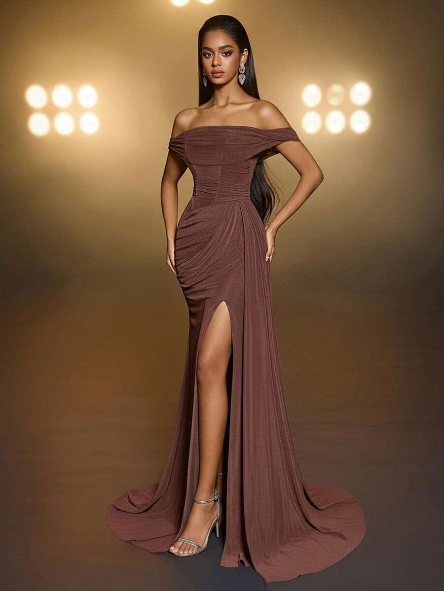 SHEIN BRĄZOWA MAXI SUKIENKA NA JEDNO RAMIĘ S06__S