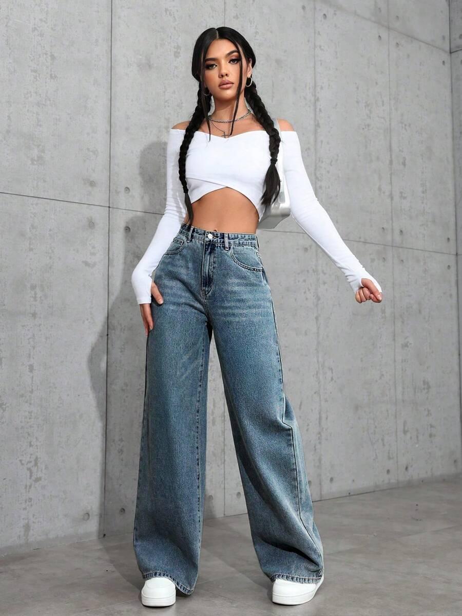 SHEIN NIEBIESKIE JEANSY PROSTA NOGAWKA S06__L