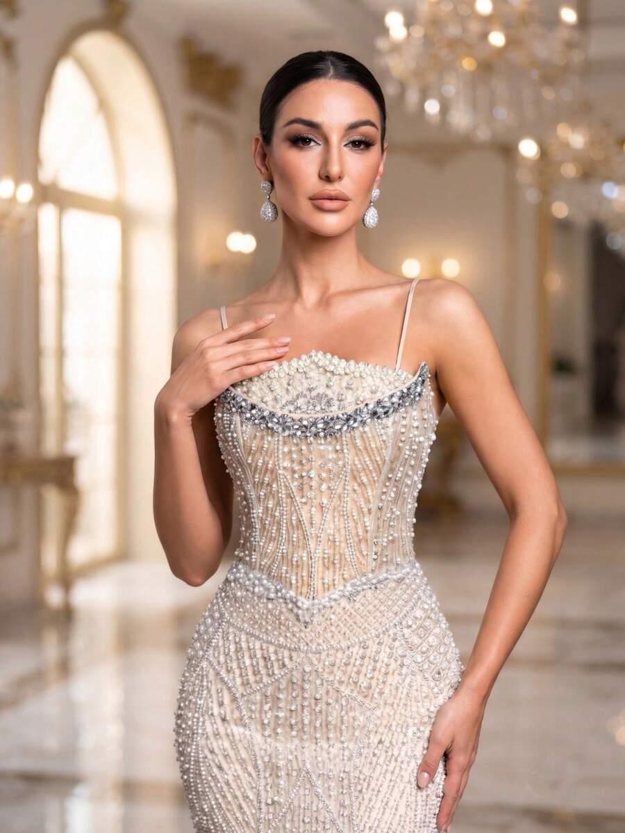 SHEIN BEŻOWA MAXI SUKIENKA S06__S