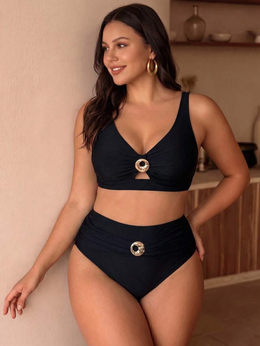 SHEIN CZARNY DWUCZĘŚCIOWY STRÓJ KĄPIELOWY ZDOBIENIE S09__48