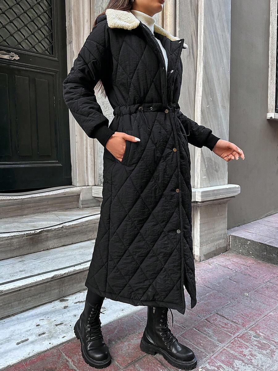 SHEIN CZARNA PIKOWANA DŁUGA KURTKA W01__48