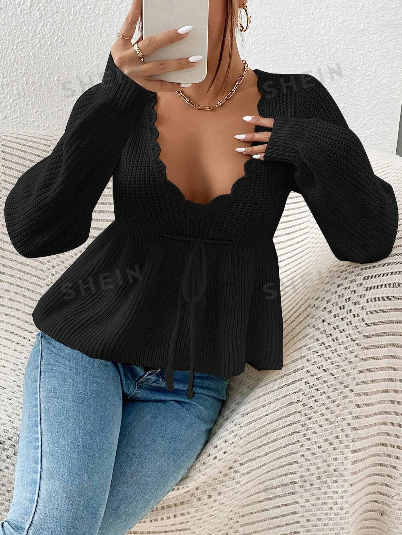 SHEIN CZARNY SWETER Z DŁUGIM RĘKAWEM WIĄZANIE S06__S