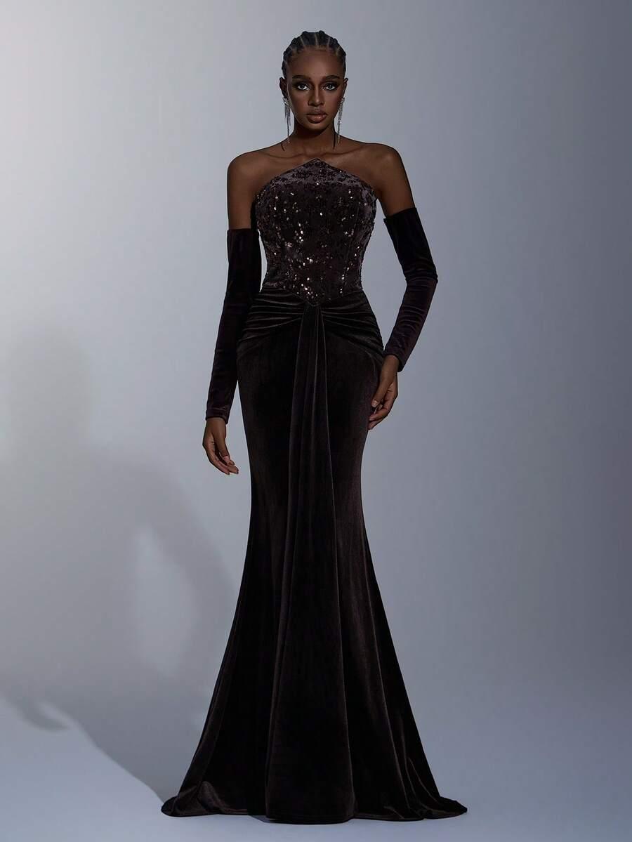 SHEIN MAXI WELUROWA SUKIENKA CEKINY S06__L