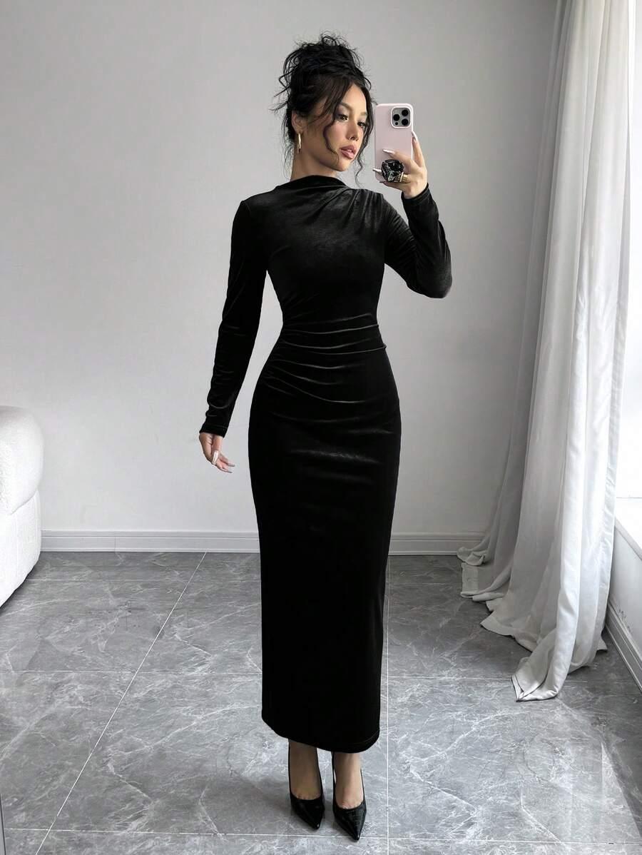 SHEIN WELUROWA CZARNA SUKIENKA DŁUGI RĘKAW S06__L