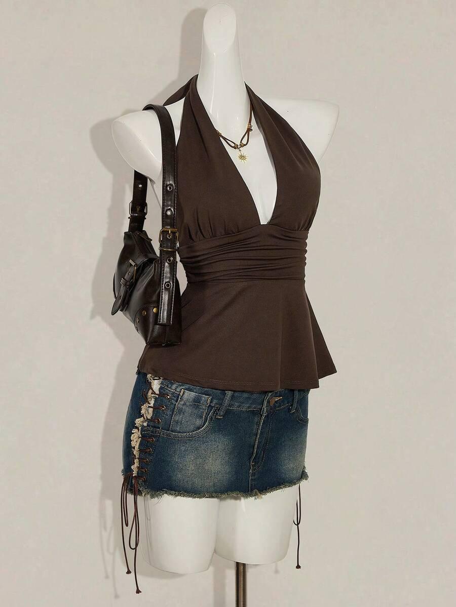 SHEIN BRĄZOWY TOP WIĄZANIE S06__M