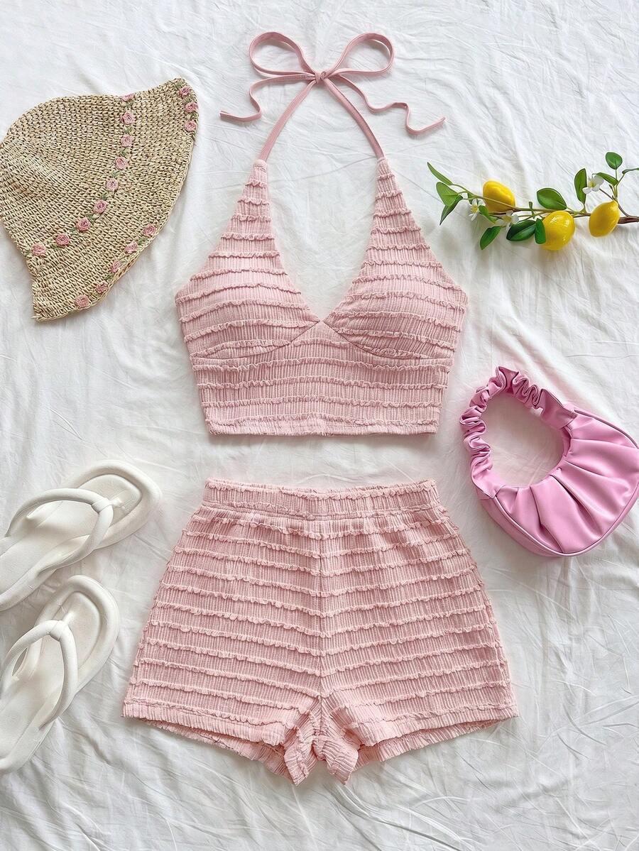 SHEIN RÓŻOWY TOP SPODENKI KOMPLET S06__L