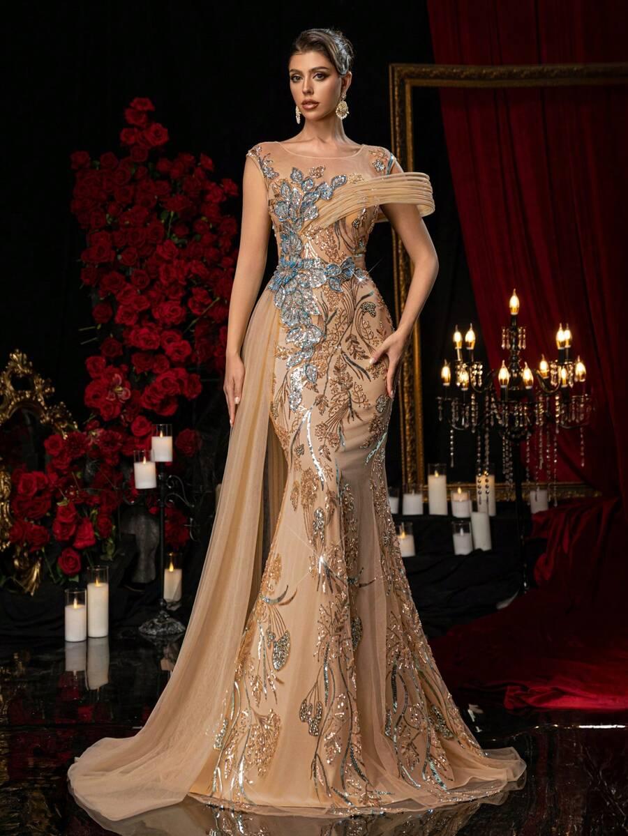 GLAMRAE BEŻOWA MAXI SUKIENKA ZDOBIENIA S09__XS