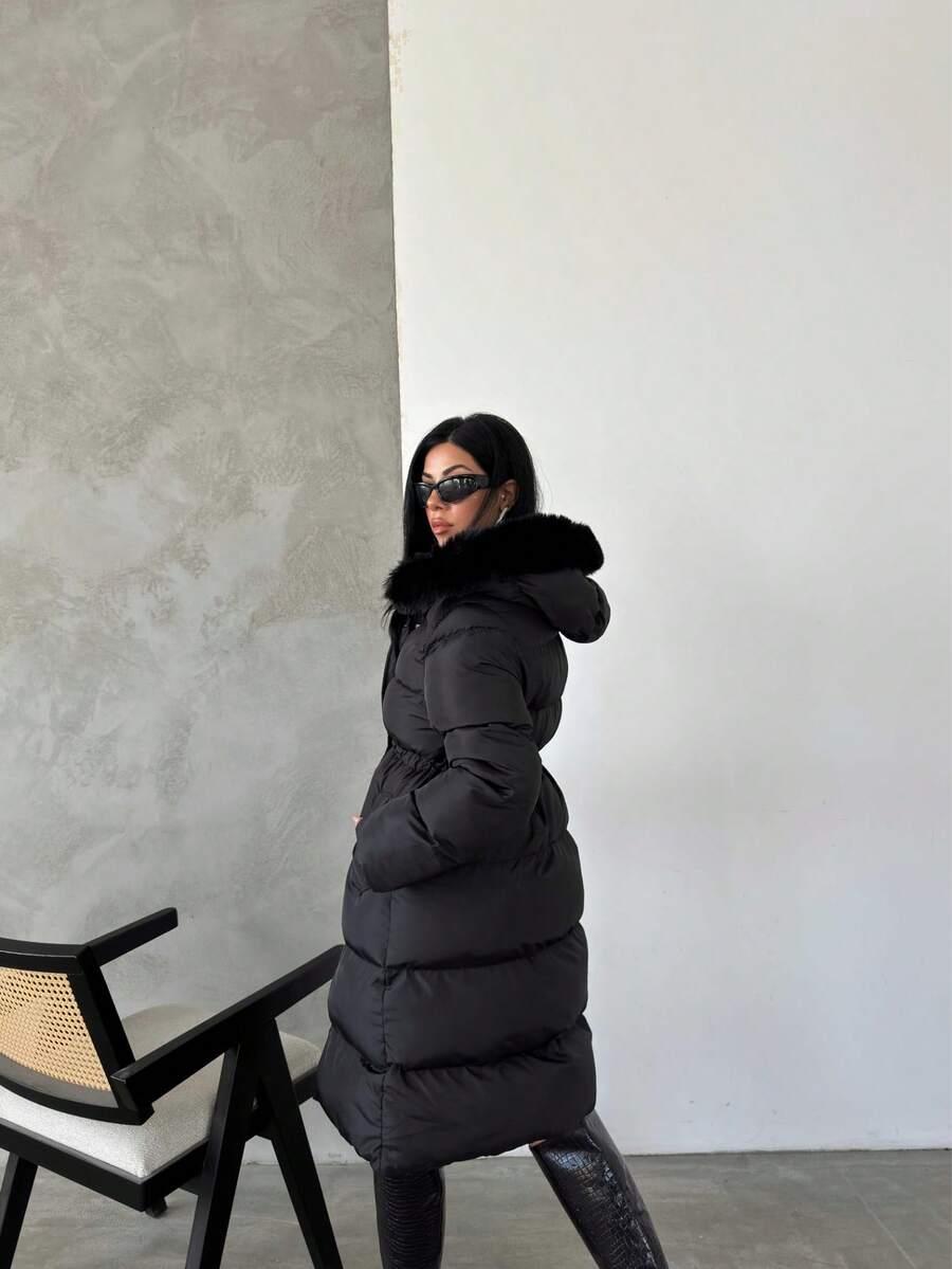 SHEIN CZARNA PIKOWANA KURTKA KAPTUR W01__L