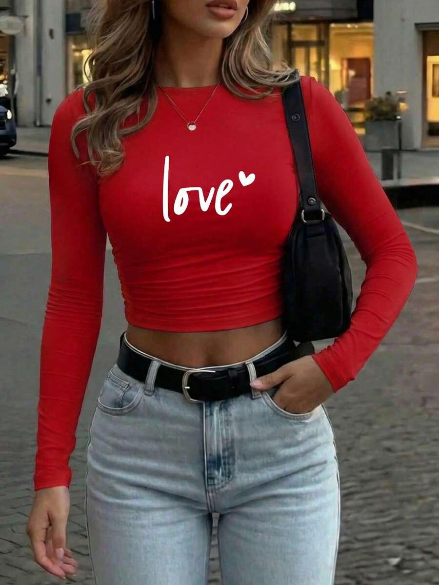 SHEIN CZERWONA BLUZKA Z DŁUGIM RĘKAWEM NADRUK PK01__S