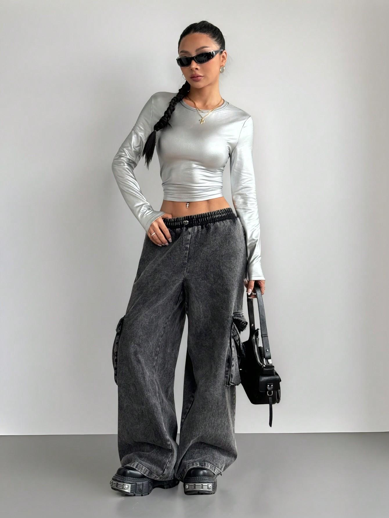 SHEIN SREBRNA BLUZKA DŁUGI RĘKAW S06__L