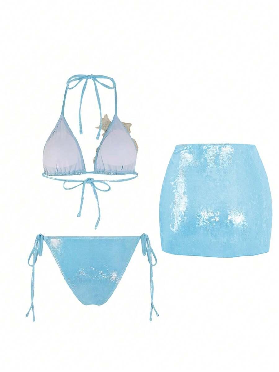 SHEIN NIEBIESKI TRZYCZĘŚCIOWY KOMPLET BIKINI KWIAT 3D S09__M