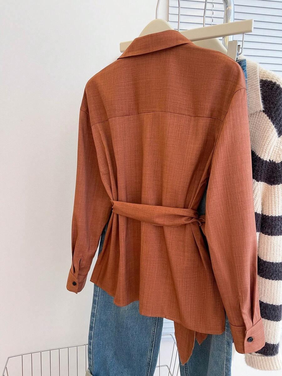 SHEIN BRĄZOWA KOSZULA Z DŁUGIM RĘKAWEM S06__L