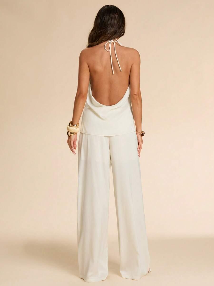 SHEIN KREMOWY SATYNOWY KOMPLET TOP SPODNIE S06__S