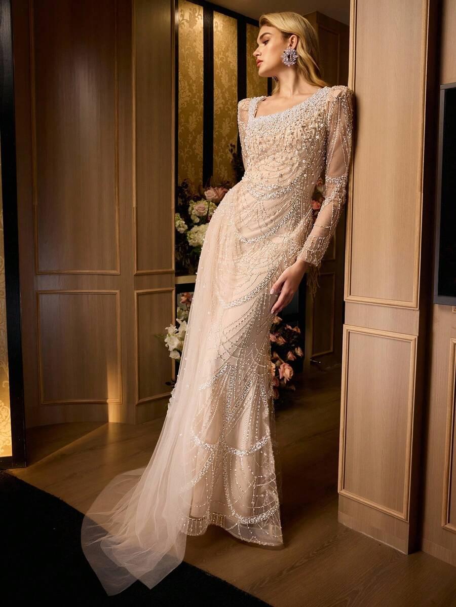 SHEIN BEŻOWA MAXI SUKIENKA S06__L