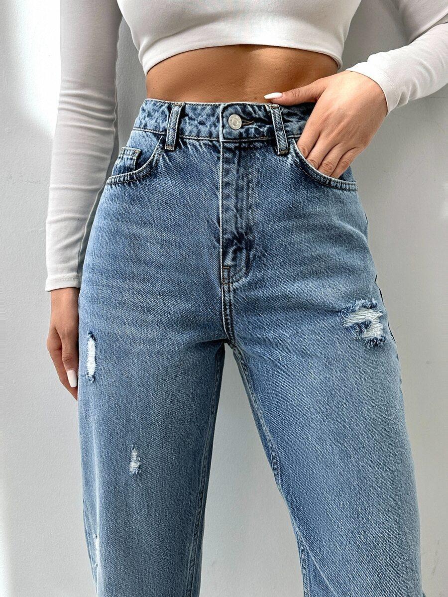 SHEIN SPODNIE MOM JEANS RIPPED PK01__L