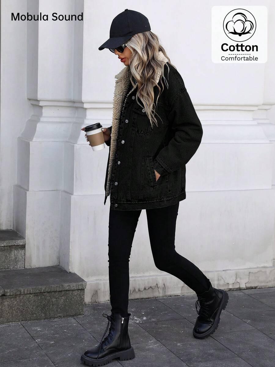 SHEIN CZARNA JEANSOWA OCIEPLANA KURTKA W01__S