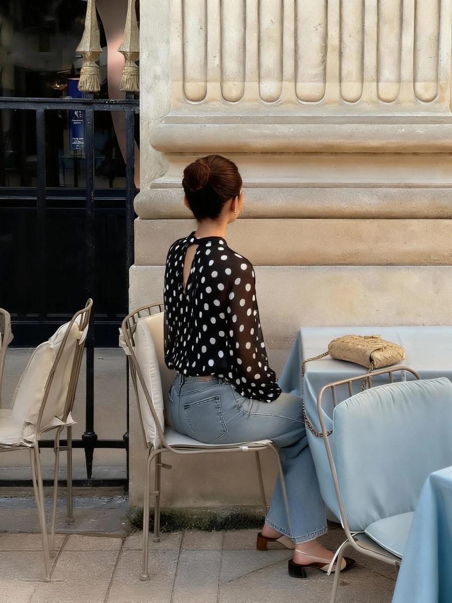 SHEIN CZARNA BLUZKA WZÓR GROSZKI S09__S