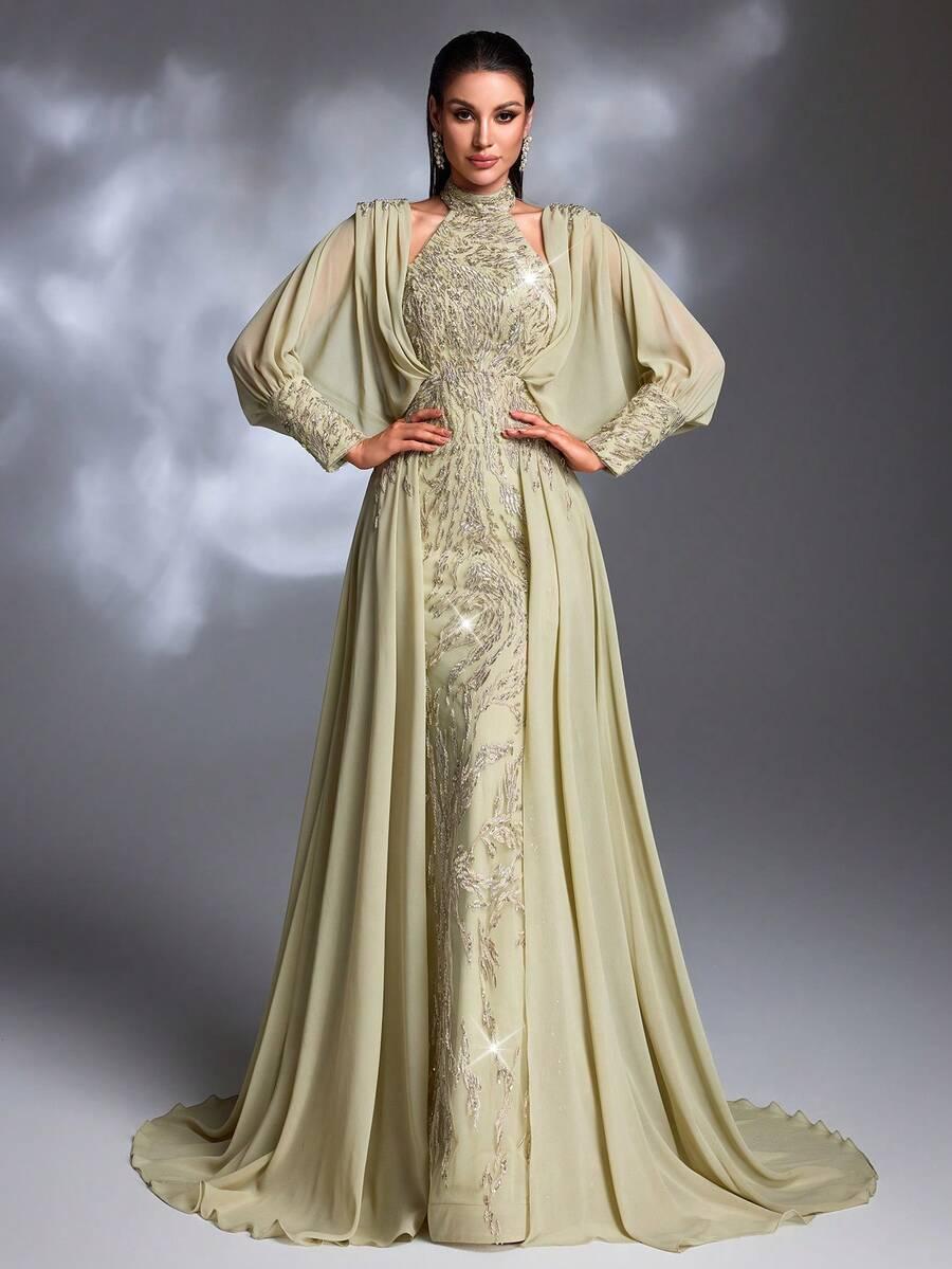 SHEIN ZIELONA MAXI SUKIENKA ZDOBIENIE S06__M
