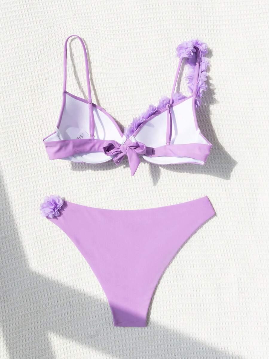 SHEIN FIOLETOWY DWUCZĘŚCIOWY STRÓJ KĄPIELOWY KWIAT 3D S09__XL