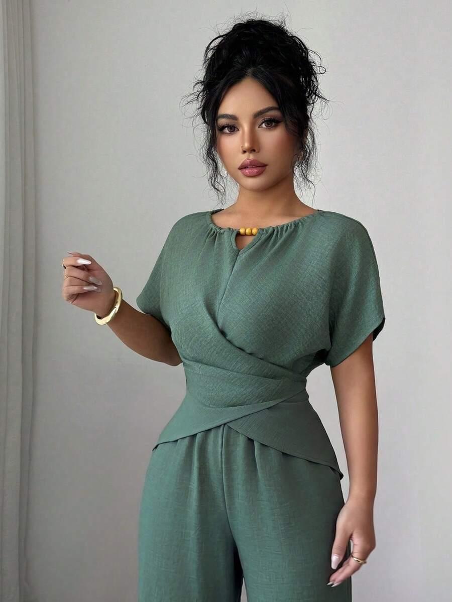 SHEIN ZIELONA BLUZKA SPODNIE KOMPLET S06__46