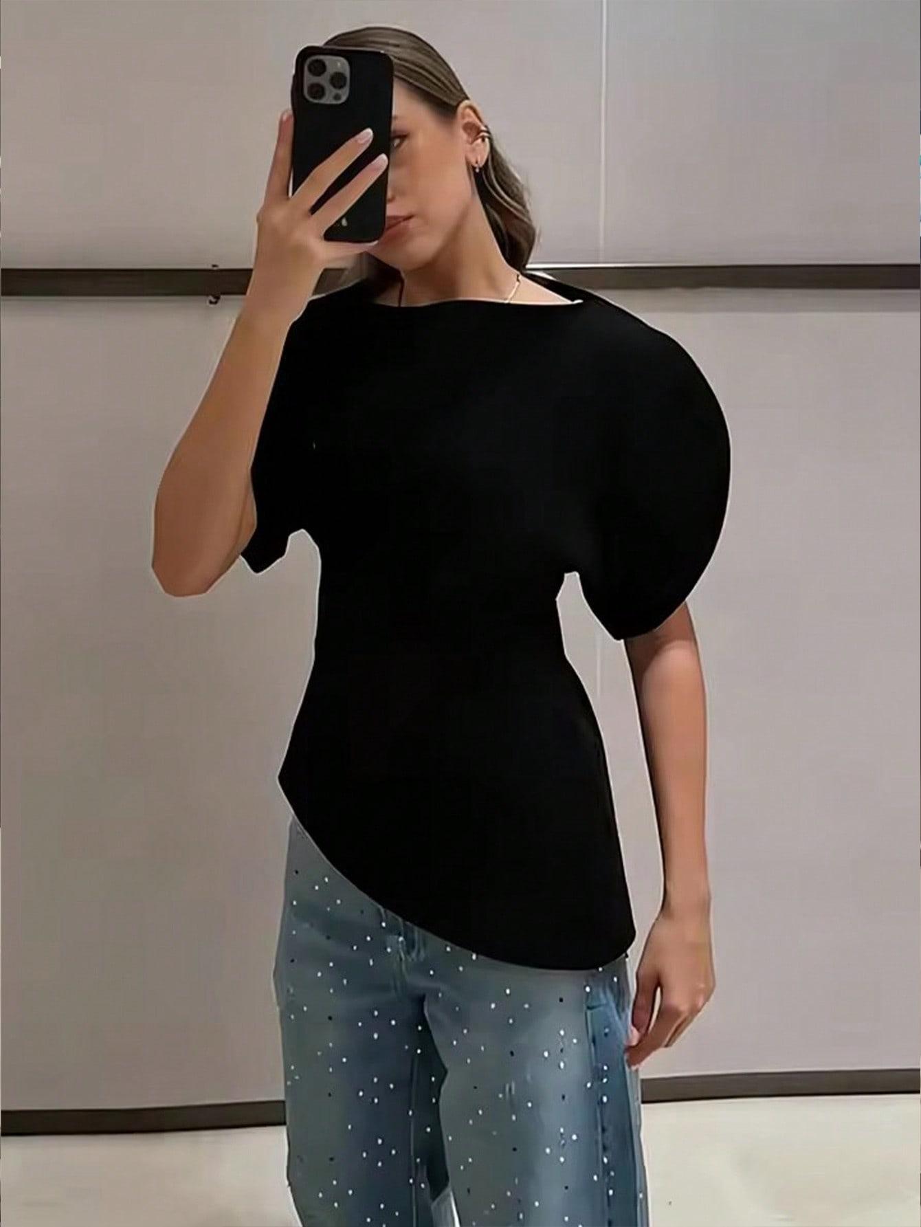SHEIN CZARNA BLUZKA Z KRÓTKIM RĘKAWEM S06__S