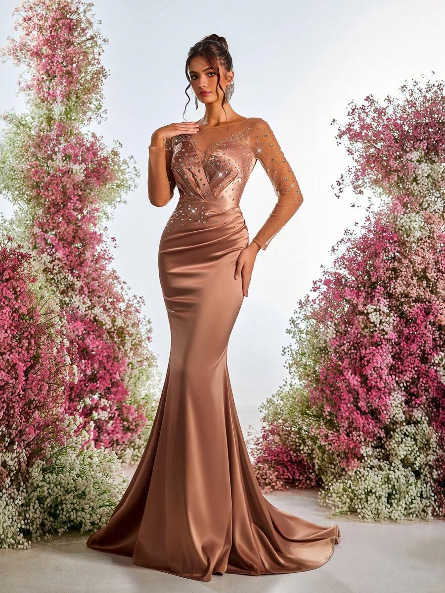 GLAMRAE BEŻOWA MAXI SUKIENKA ZDOBIENIE S09__S
