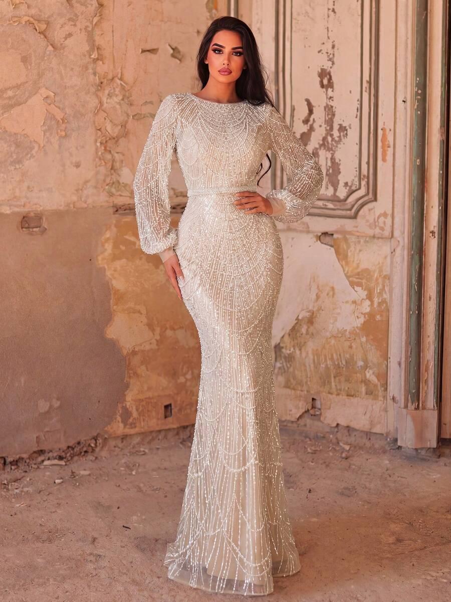 SHEIN BEŻOWA MAXI SUKIENKA Z DŁUGIM RĘKAWEM ZDOBIENIA S06__XXL