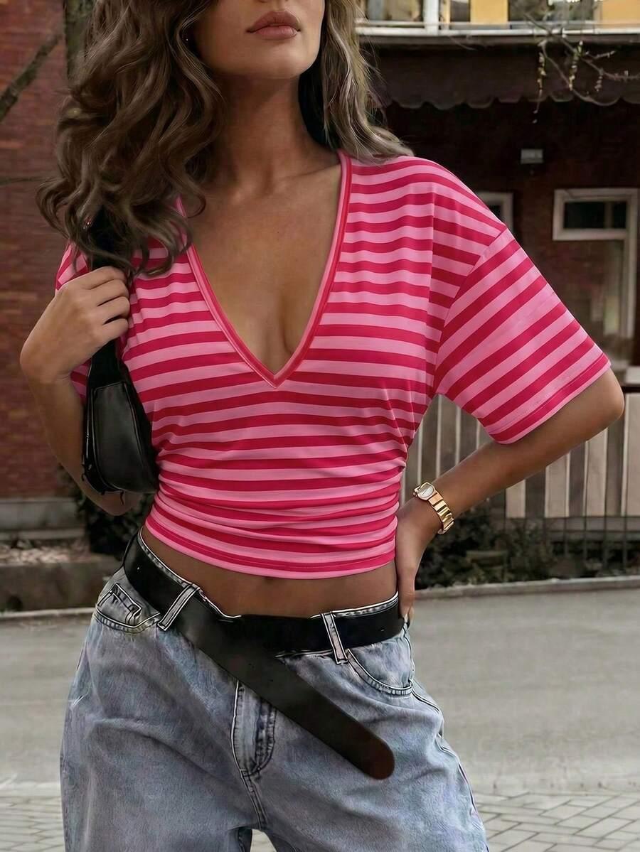 SHEIN RÓŻOWA BLUZKA V NECK PASKI PK01__M