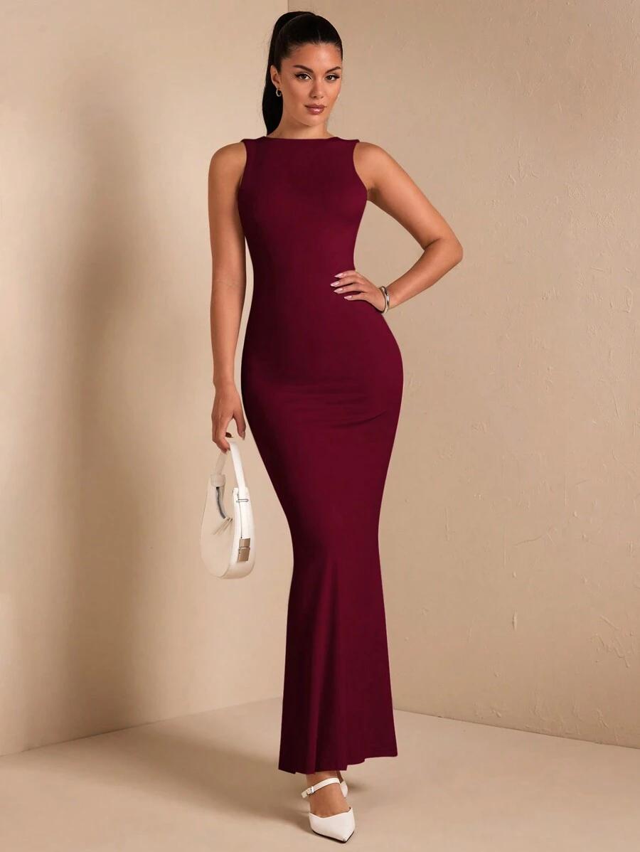 SHEIN BORDOWA MAXI SUKIENKA ODKRYTE PLECY S06__S