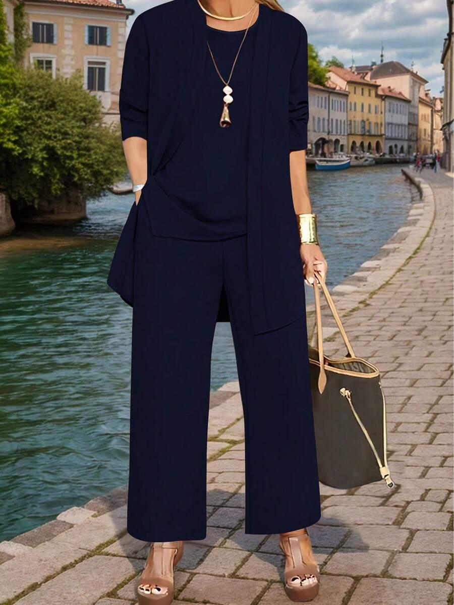 SHEIN GRANATOWE SPODNIE BLUZKA NARZUTA KOMPLET S06__L
