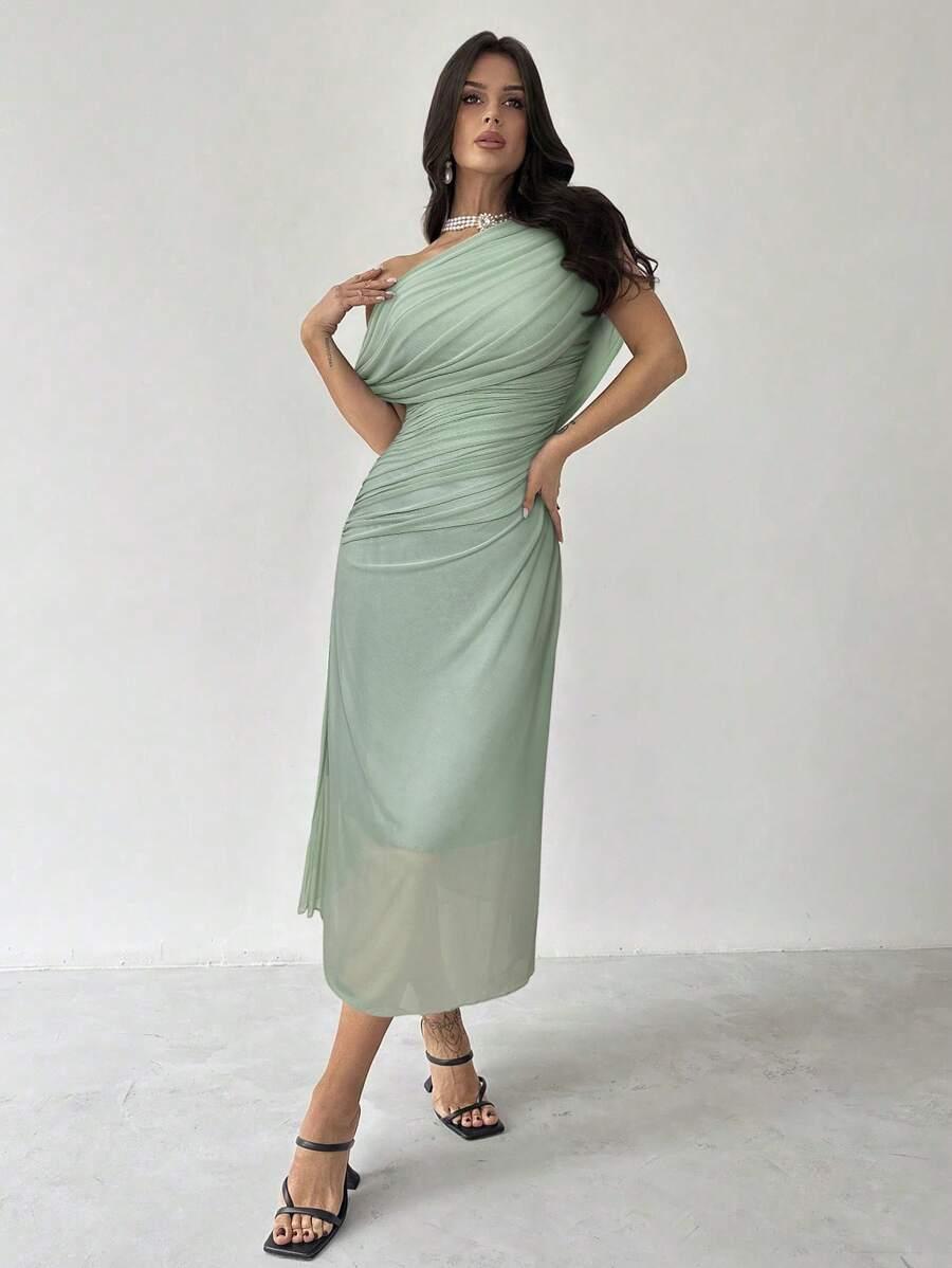 SHEIN ZIELONA MAXI SUKIENKA SIATECZKA MARSZCZENIA S06__S