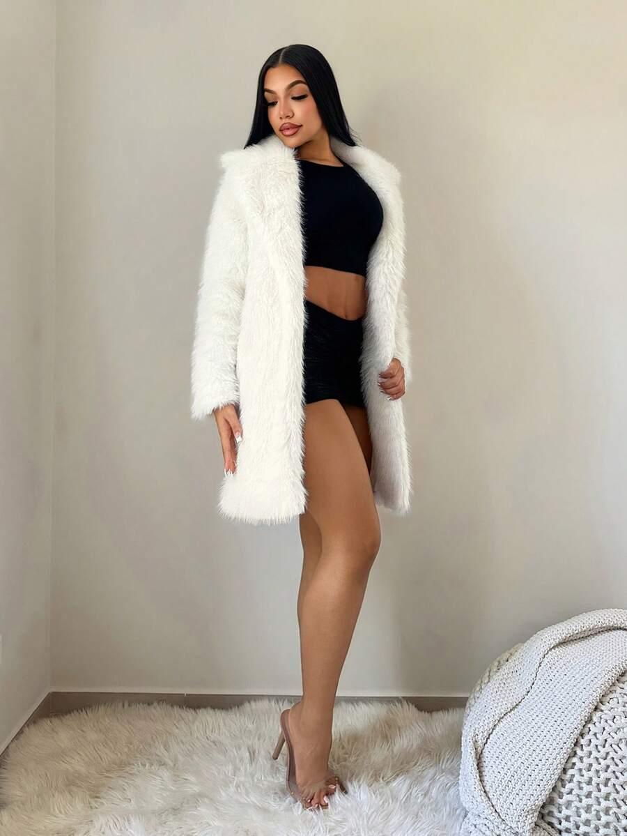 SHEIN BIAŁY PŁASZCZ SZTUCZNE FUTRO W01__M