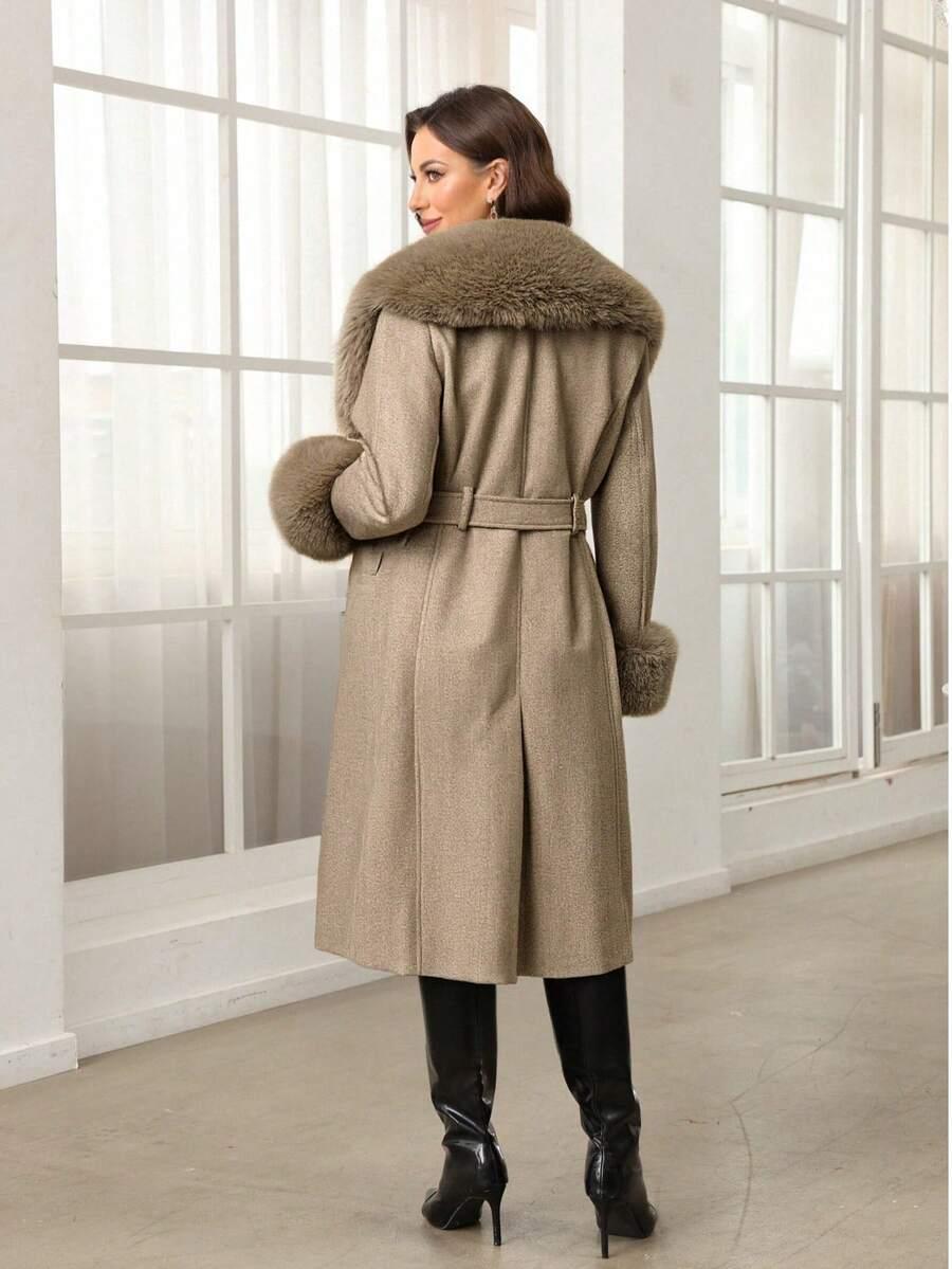 SHEIN BEŻOWY PŁASZCZ SZTUCZNE FUTRO W01__L