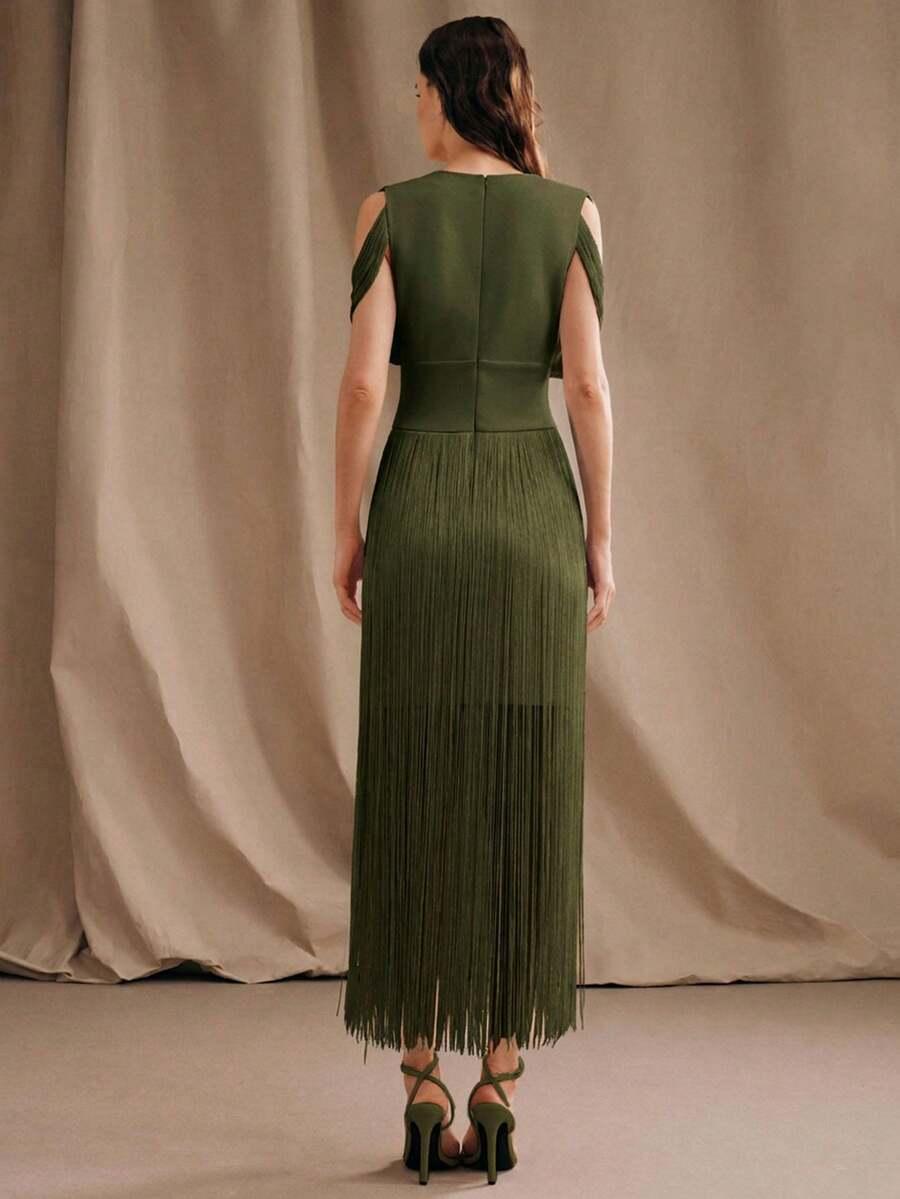 ANEWSTA ZIELONA SUKIENKA V-NECK FRĘDZLE S09__S