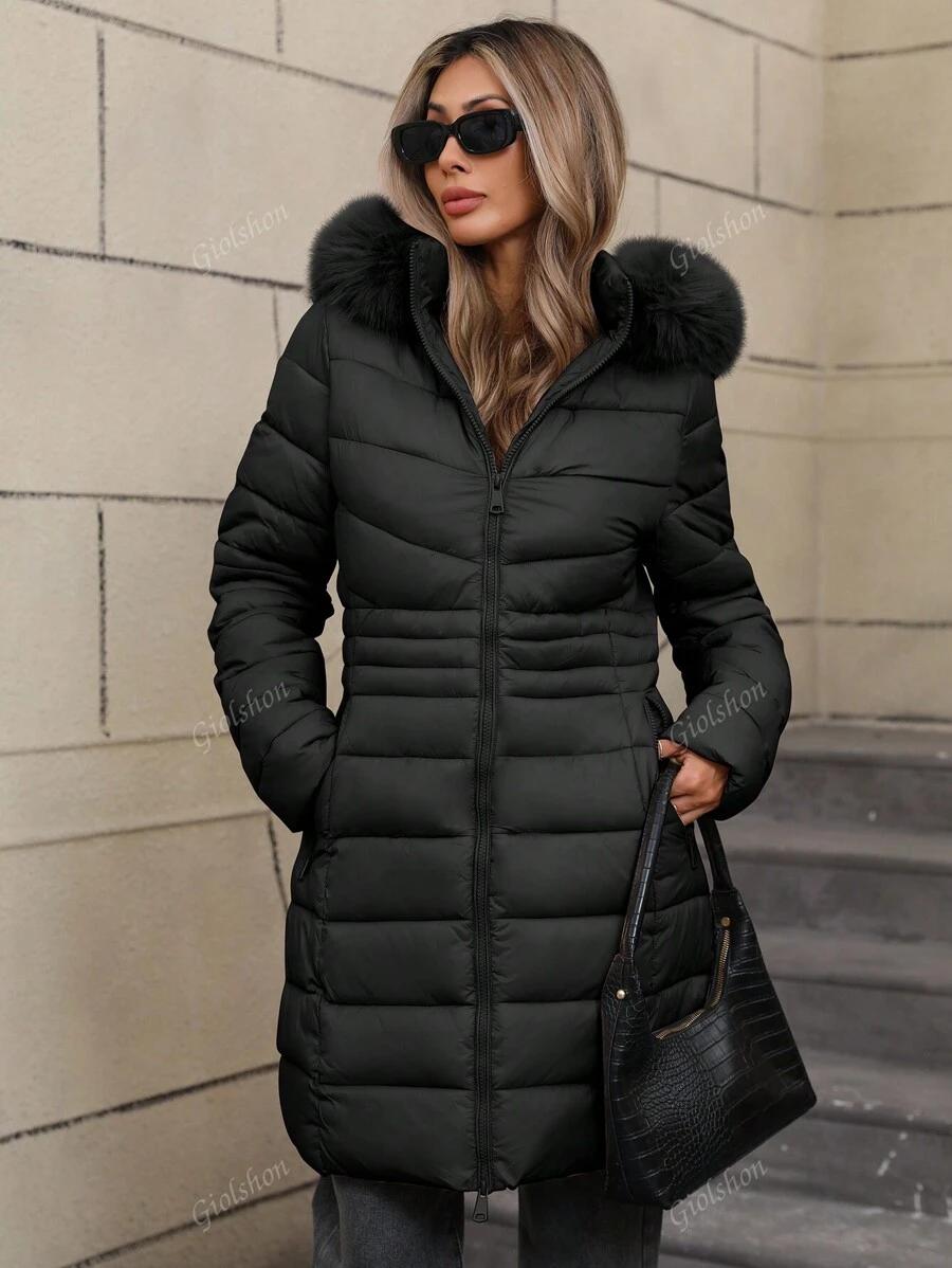 SHEIN CZARNA PIKOWANA KURTKA Z KAPTUREM W01__L