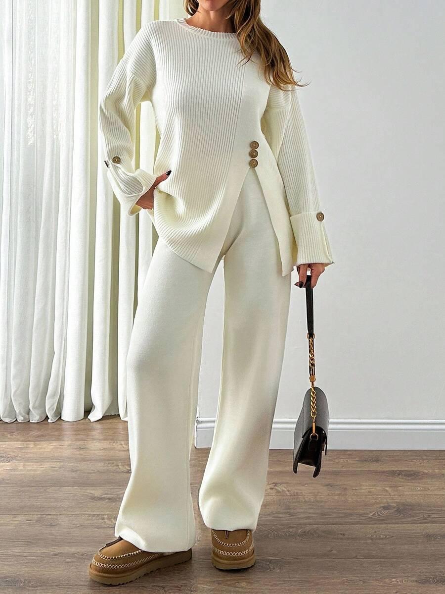 SHEIN KREMOWY SWETER SPODNIE KOMPLET S06__L