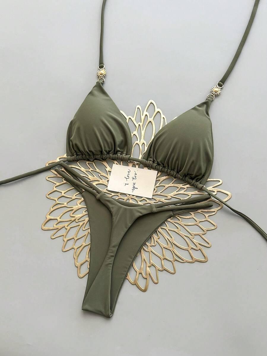 SHEIN ZIELONY DWUCZĘŚCIOWY STRÓJ KĄPIELOWY ZDOBIENIE S09__S