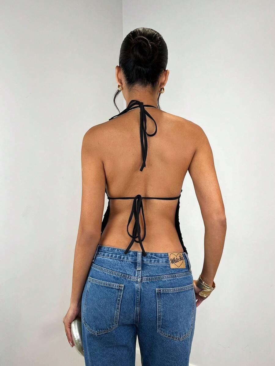 SHEIN CZARNY TOP ODKRYTE PLECY ZDOBIENIE S06__XS