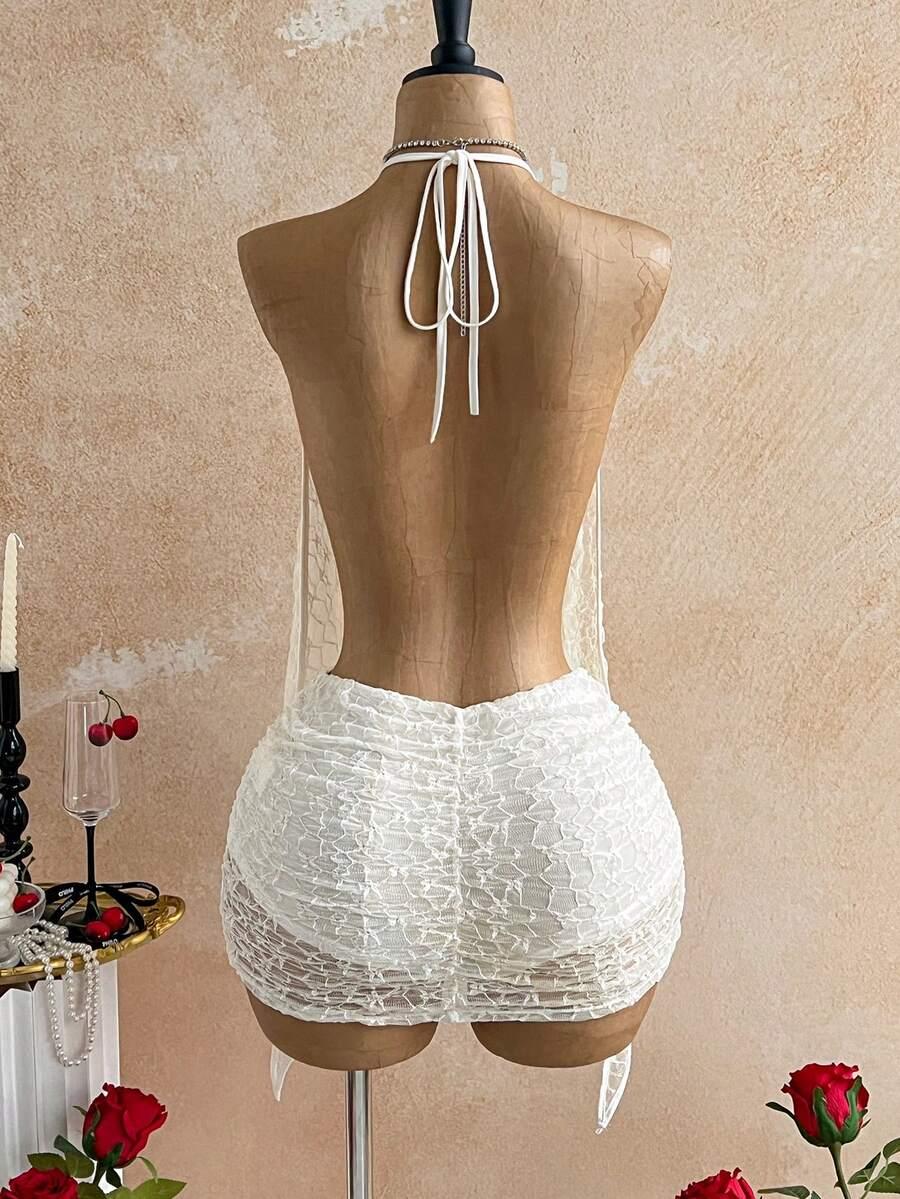 SOLEIA BIAŁA MINI SUKIENKA KORONKA S06__M