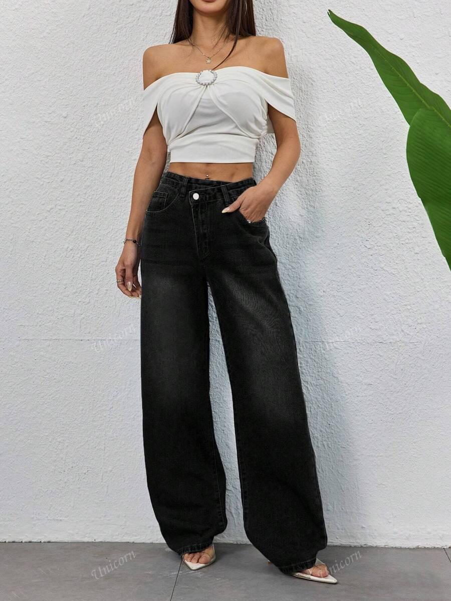 SHEIN CZARNE SPODNIE JEANS WIDE LEG S06__XL