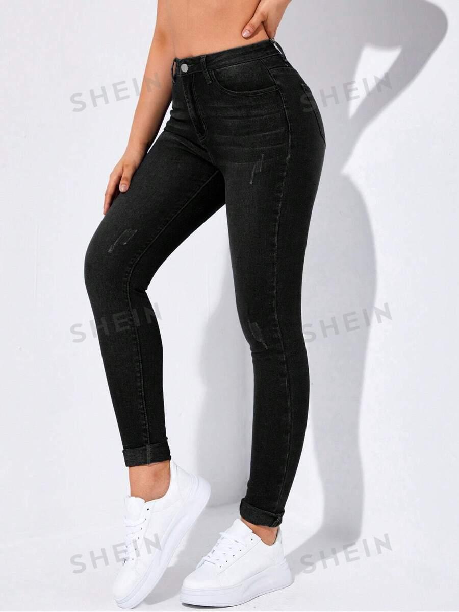 SHEIN CZARNE SPODNIE JEANS PRZETARCIA WYSOKI STAN S06__L