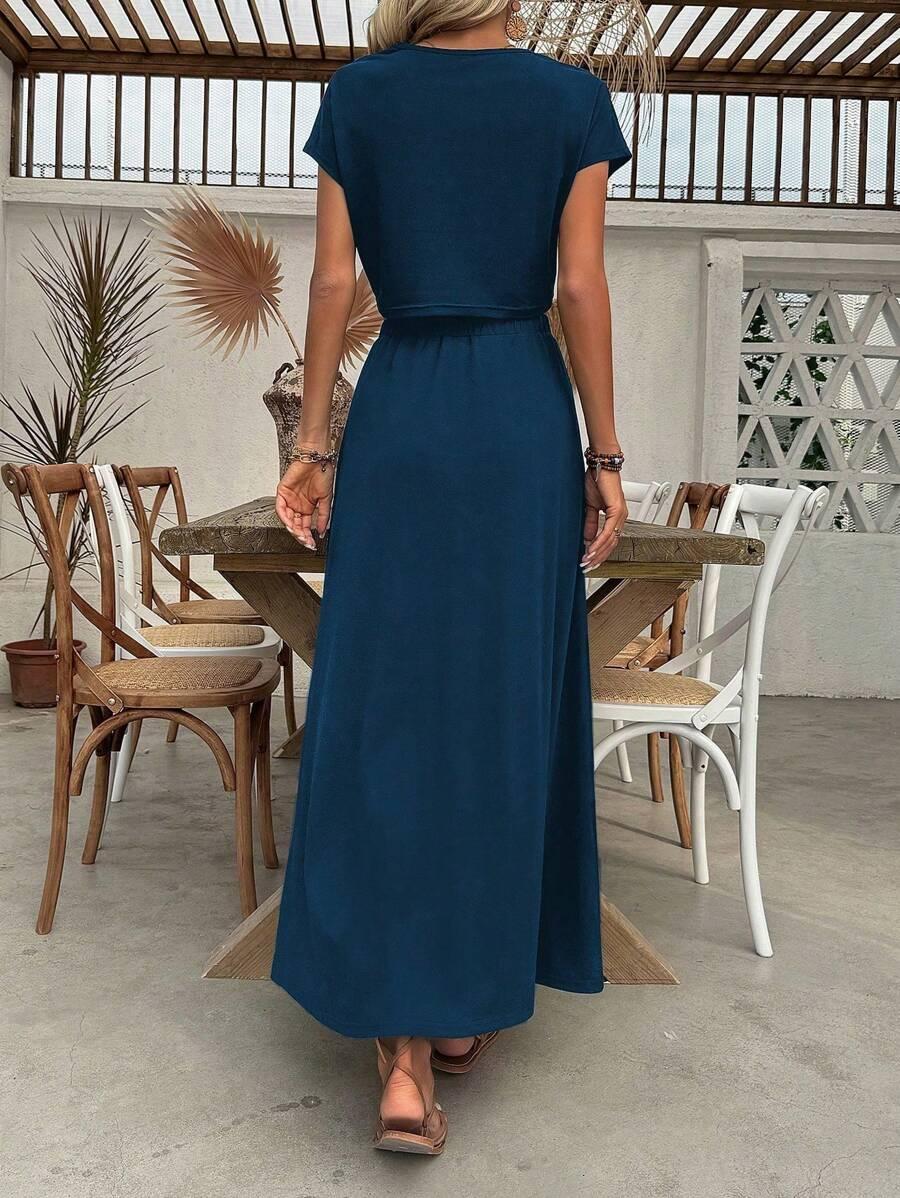 SHEIN GRANATOWY KOMPLET TOP SPÓDNICA MAXI S06__S