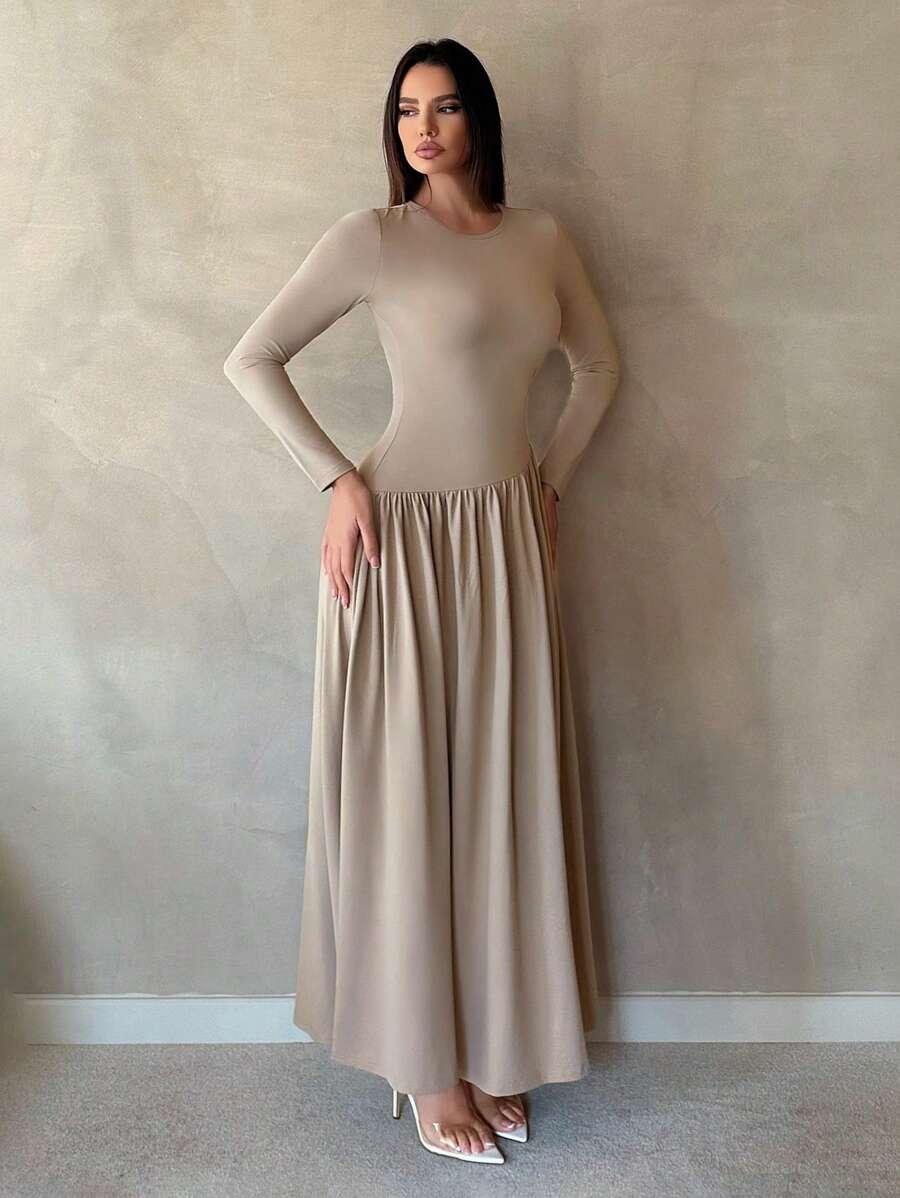 SHEIN BEŻOWA MAXI SUKIENKA S09__S