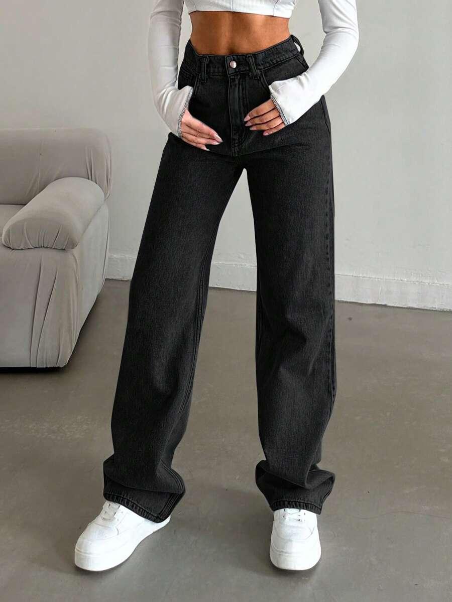 SHEIN CZARNE SPODNIE JEANS WYSOKI STAN KIESZENIE PK01__XS