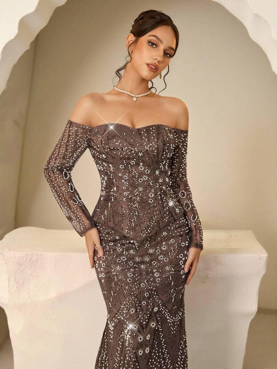 SHEIN BRĄZOWA MAXI SUKIENKA S06__S